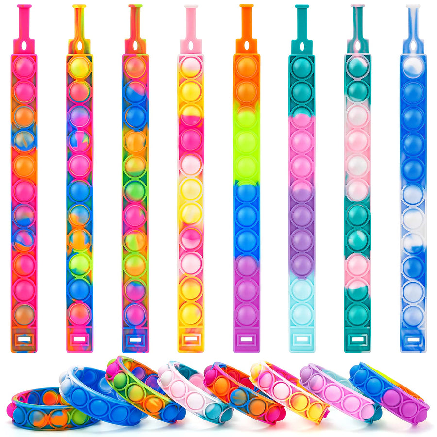 8 Pcs Stress Relief Wristband Fidget Toys, Wearable Push Pop Bubble Sensory Fidget Hand Finger Press Silicone Bracelet Toy (Rainbow-A)