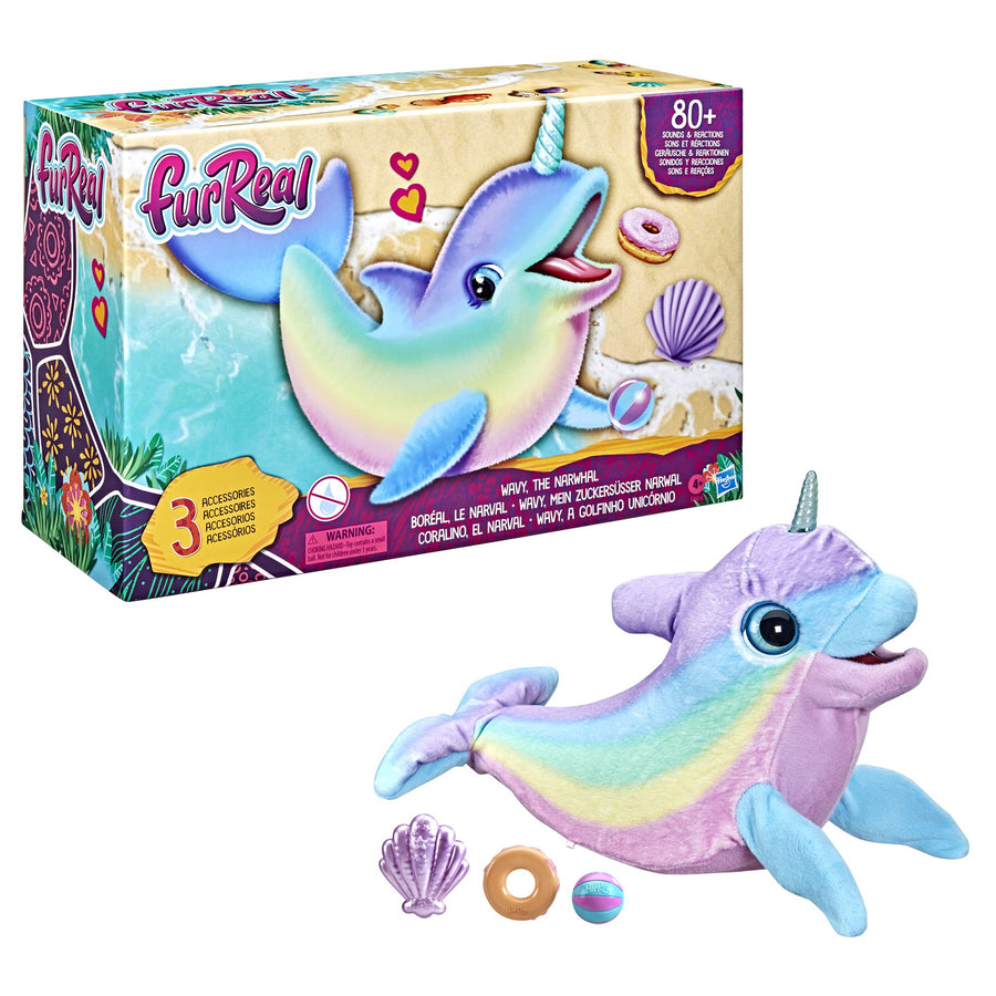 FurReal Wavy The Narwhal Interactive Animatronic Plush Toy, Electronic Pet, 80+ Sounds and Reactions, Rainbow Plush, Ages 4 and Up