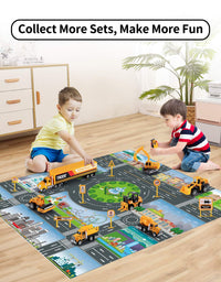 TEMI Diecast Engineering Construction Vehicle Toy Set w/ Play Mat,Truck Carrier,Forklift,Bulldozer,Excavator,Mixer,Dump Truck, Alloy Metal Car Toys Set for 3 4 5 6 Years Old Toddlers Kids Boys & Girls
