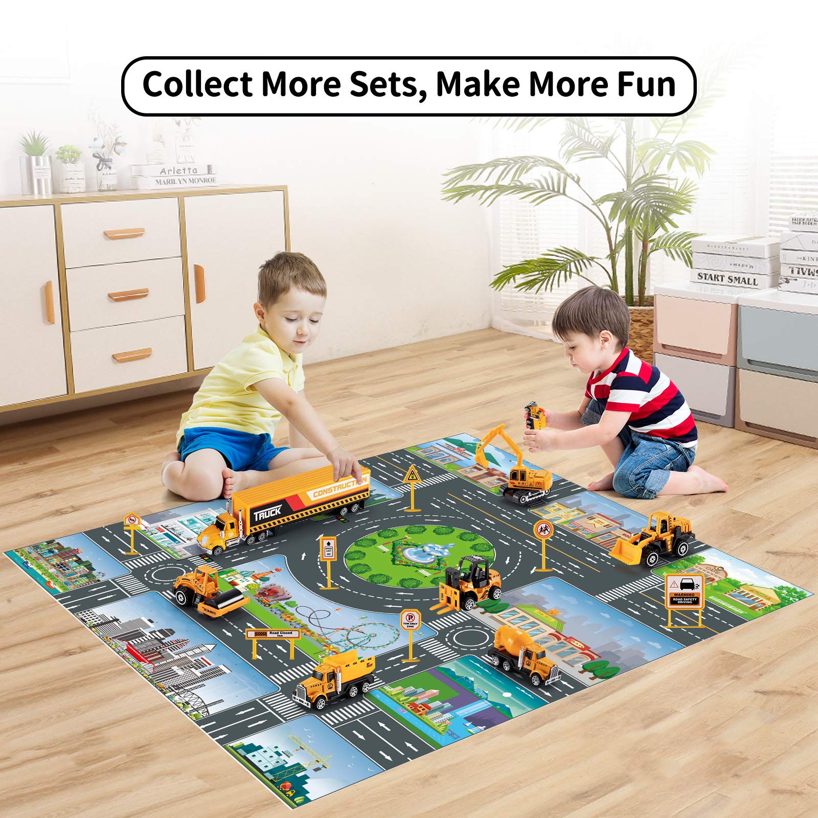 TEMI Diecast Engineering Construction Vehicle Toy Set w/ Play Mat,Truck Carrier,Forklift,Bulldozer,Excavator,Mixer,Dump Truck, Alloy Metal Car Toys Set for 3 4 5 6 Years Old Toddlers Kids Boys & Girls