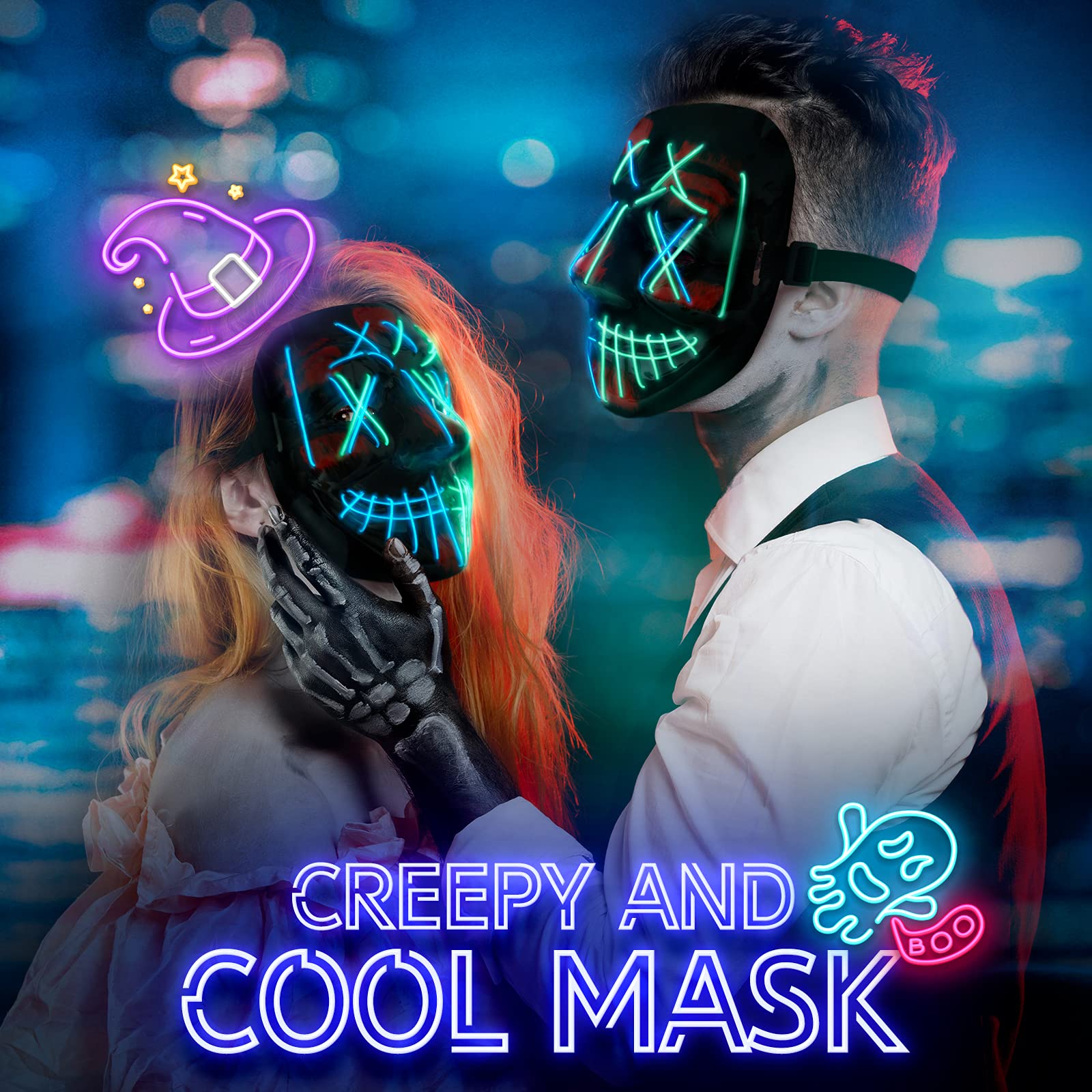 LED Purge Mask Halloween Costume - 3 Modes Scary Light Up Mask for Men Women Kids Glowing Mask for Halloween Cosplay