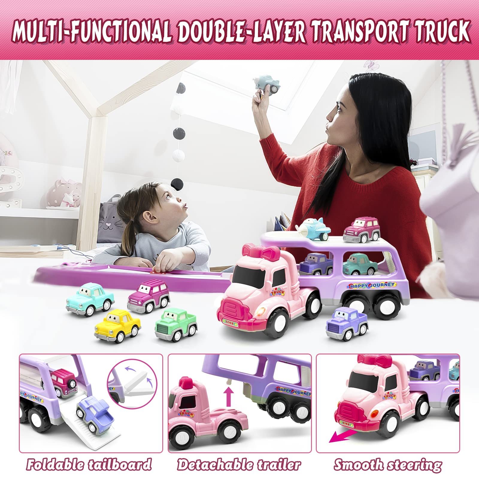 LASCOTON Toys for 1 2 Year Old Girl, 7-in-1 Carrier Truck, Toddler Girl Toys, Friction Power Toy Cars with Light & Sound, 1 2 3 Year Old Girl Gifts Birthday for Kids Girls Pink Toy