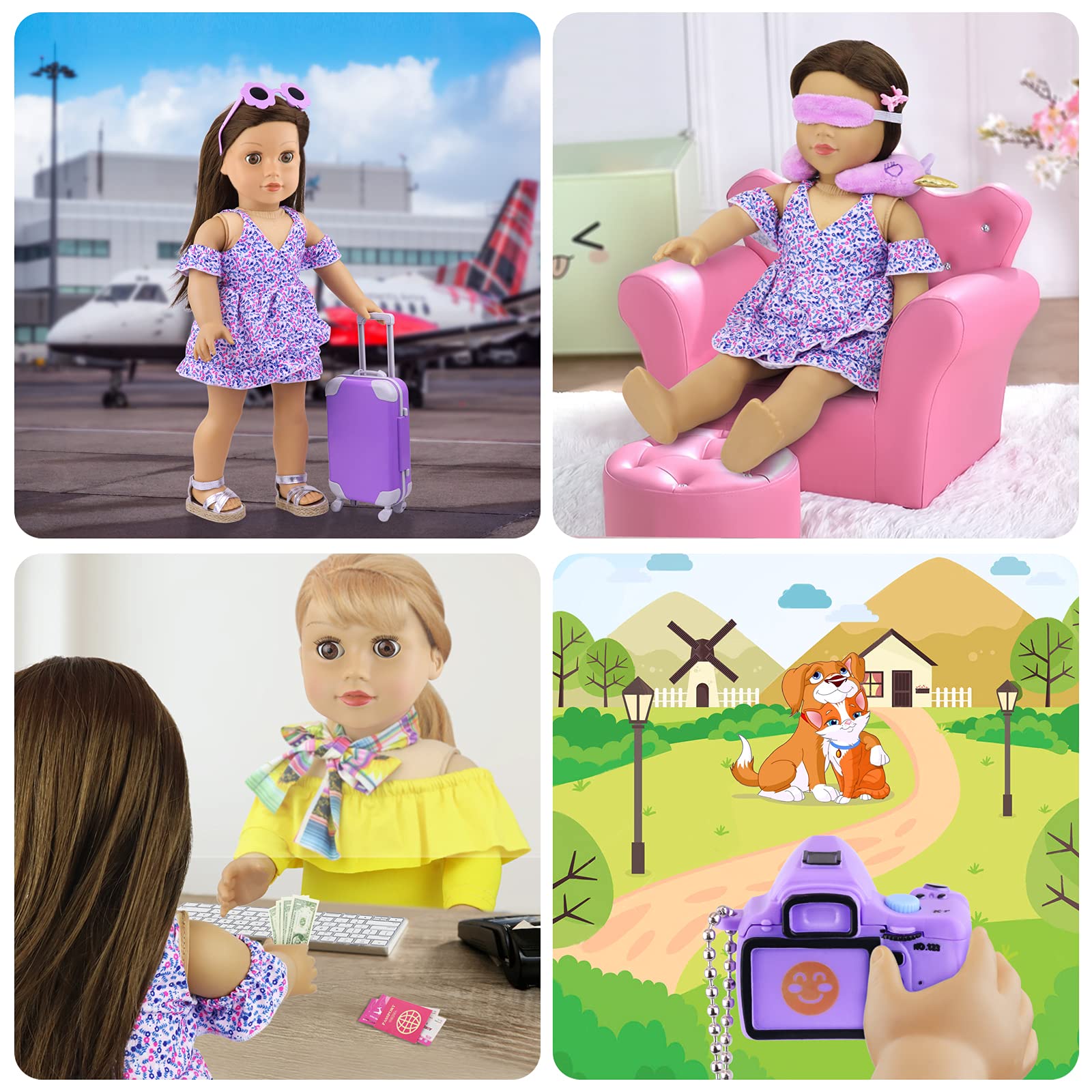 K.T. Fancy 16 pcs American 18 Doll Accessories Suitcase Travel Luggage Play Set for 18 Inch Doll Travel Carrier, Sunglasses Camera Computer Phone Pad Travel Pillow Blindfold Passport Tickets Cashes