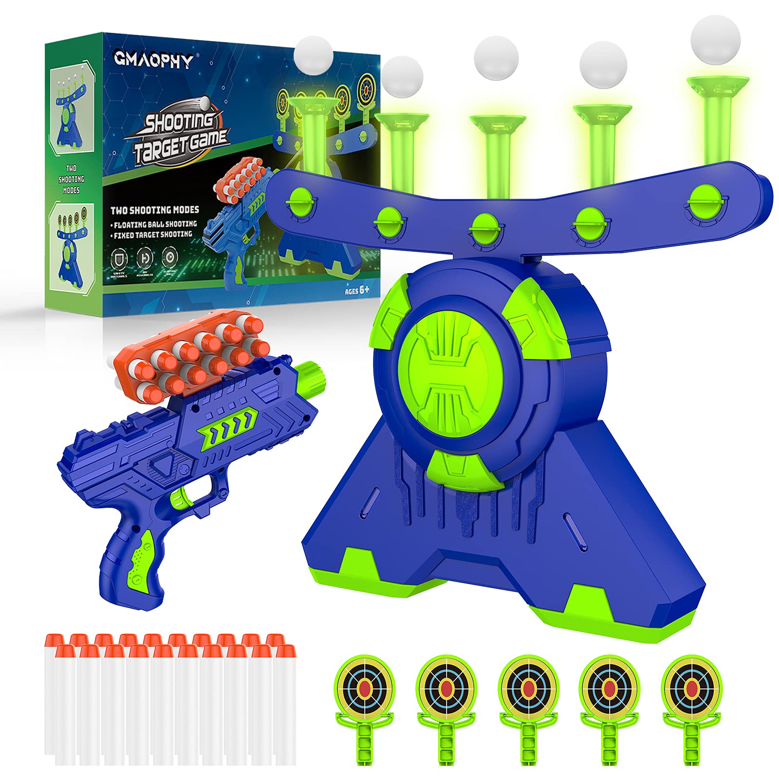 Shooting Games Toy Gift for Age 4, 5, 6, 7, 8, 9, 10+ Years Old Kids, Glow in The Dark Boy Toy Floating Ball Targets with Foam Dart Toy Blaster, 10 Balls 5 Targets, Compatible with Nerf Toy Blaster