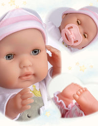 15" Realistic Soft Body Baby Doll with Open/Close Eyes | JC Toys - Berenguer Boutique | 10 Piece Gift Set with Bottle, Rattle, Pacifier & Accessories | Pink | Ages 2+
