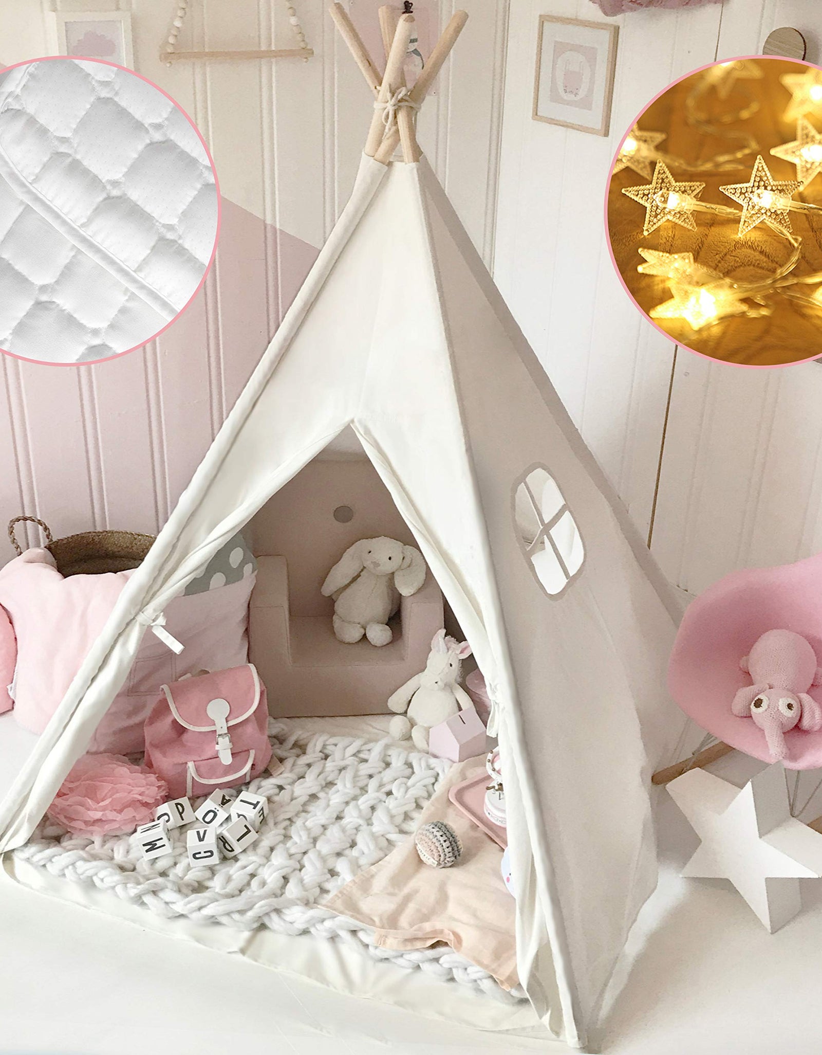 Tiny Land Kids Teepee Tent with Mat & Light String & Carry Case-Kids Foldable Play Tent-Toys for Girls Indoor Outdoor Games, Raw White Canvas Teepee-Kids Playhouse-Portable Kids Tent