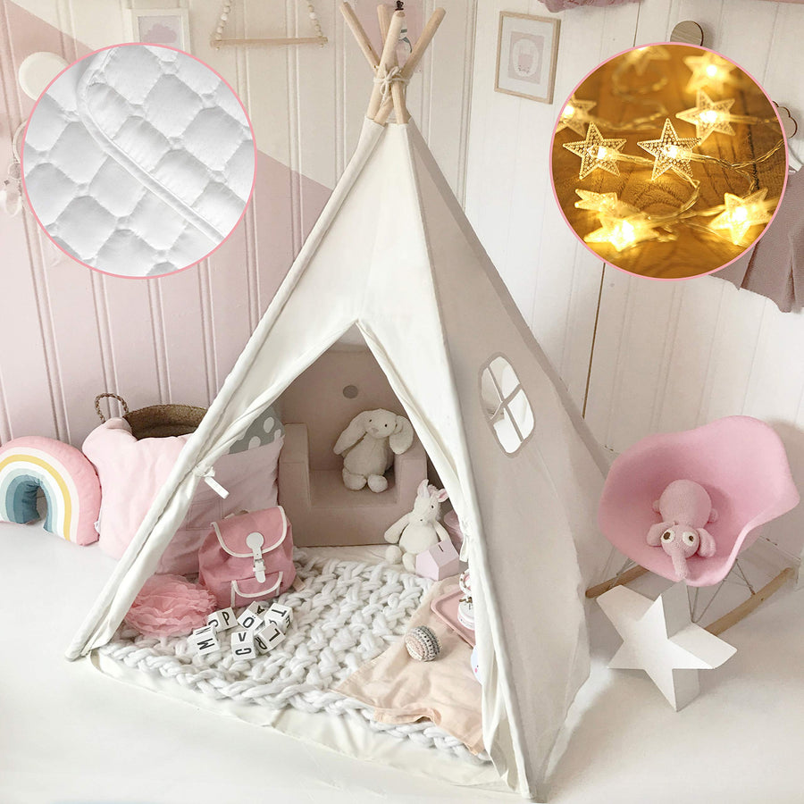 Tiny Land Kids Teepee Tent with Mat & Light String & Carry Case-Kids Foldable Play Tent-Toys for Girls Indoor Outdoor Games, Raw White Canvas Teepee-Kids Playhouse-Portable Kids Tent