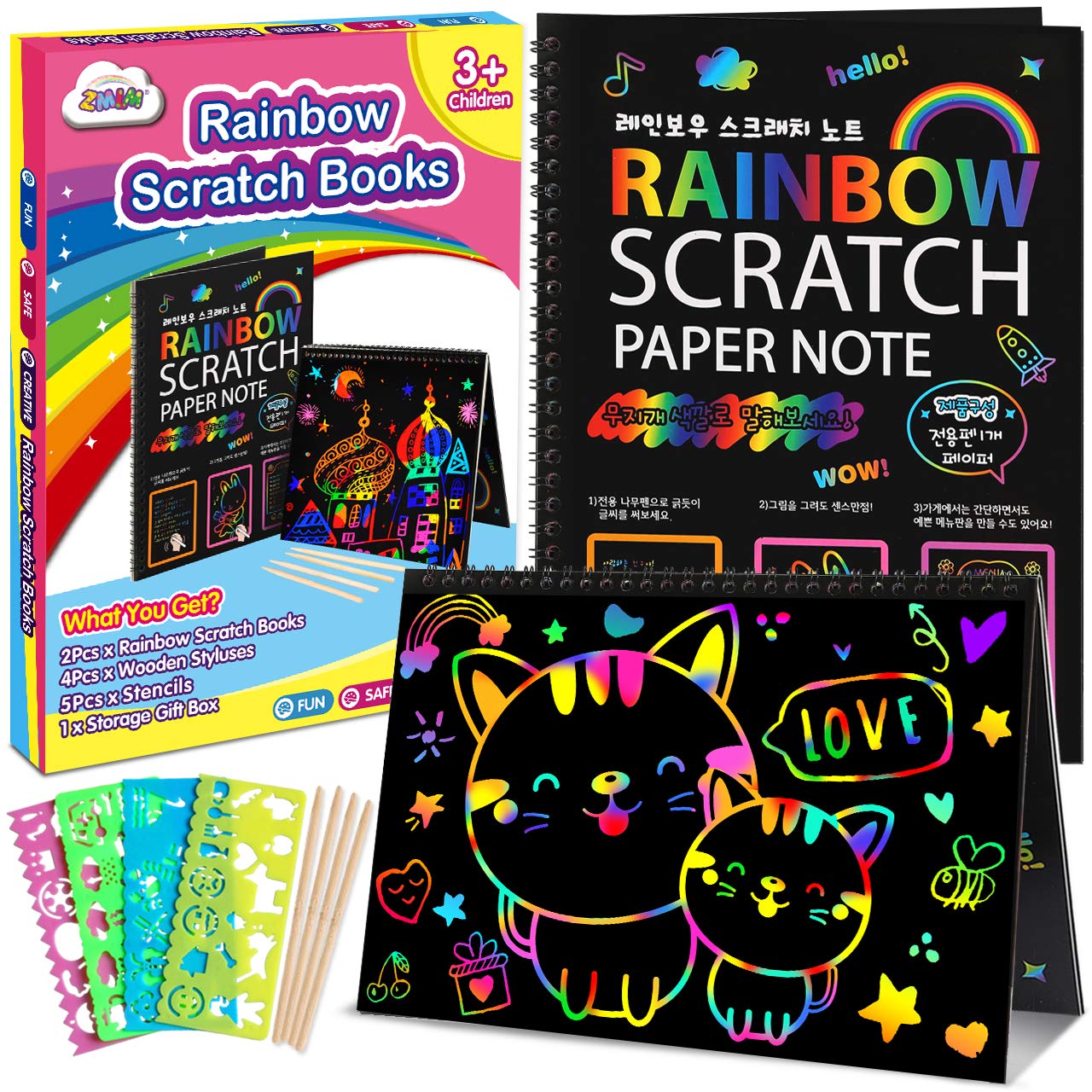 ZMLM Scratch Paper Art-Crafts Notebook: 2 Pack Bulk Rainbow Magic Paper Supplies Toys for 3 4 5 6 7 8 9 10 Years Old Girls Kids Favors Gifts for Birthday Halloween Christmas Party Games Projects Kits