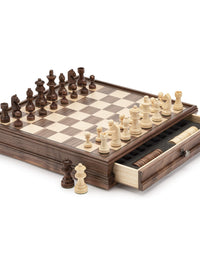 A&A 15" WOODEN CHESS & CHECKERS / Storage Drawer / 3" King Height German Knight Staunton Chess Pieces / Walnut Box w/Walnut & Maple Inlay / 2 Extra Queen / Classic 2 in 1 Board Games
