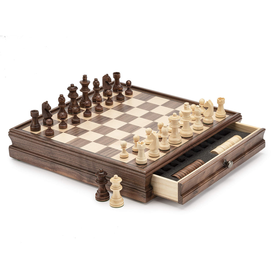 A&A 15" WOODEN CHESS & CHECKERS / Storage Drawer / 3" King Height German Knight Staunton Chess Pieces / Walnut Box w/Walnut & Maple Inlay / 2 Extra Queen / Classic 2 in 1 Board Games