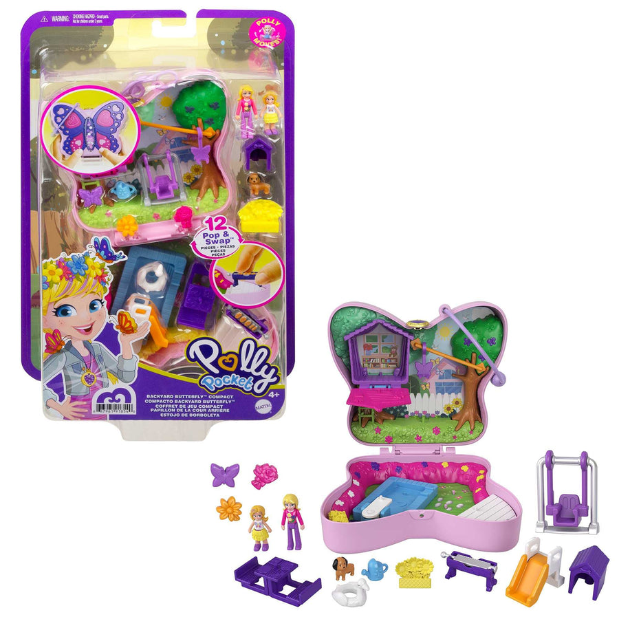 Polly Pocket Backyard Butterfly Compact, Outdoor Theme with Micro Polly Doll, Polly’s Mom Doll 5 Reveals & 13 Accessories, Pop & Swap Feature, Great Gift for Ages 4 Years Old & Up