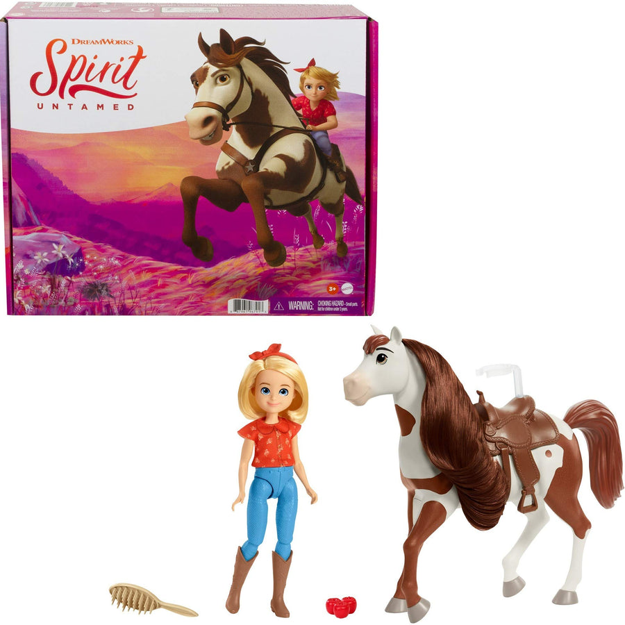 Mattel Spirit Untamed Abigail Doll (Approx. 7-in) & Boomerang Horse (Approx. 8-in) with Long Mane, Saddle, Riding Gear, Brush, Apple Treat, Carrots [Amazon Exclusive] (GYC40)