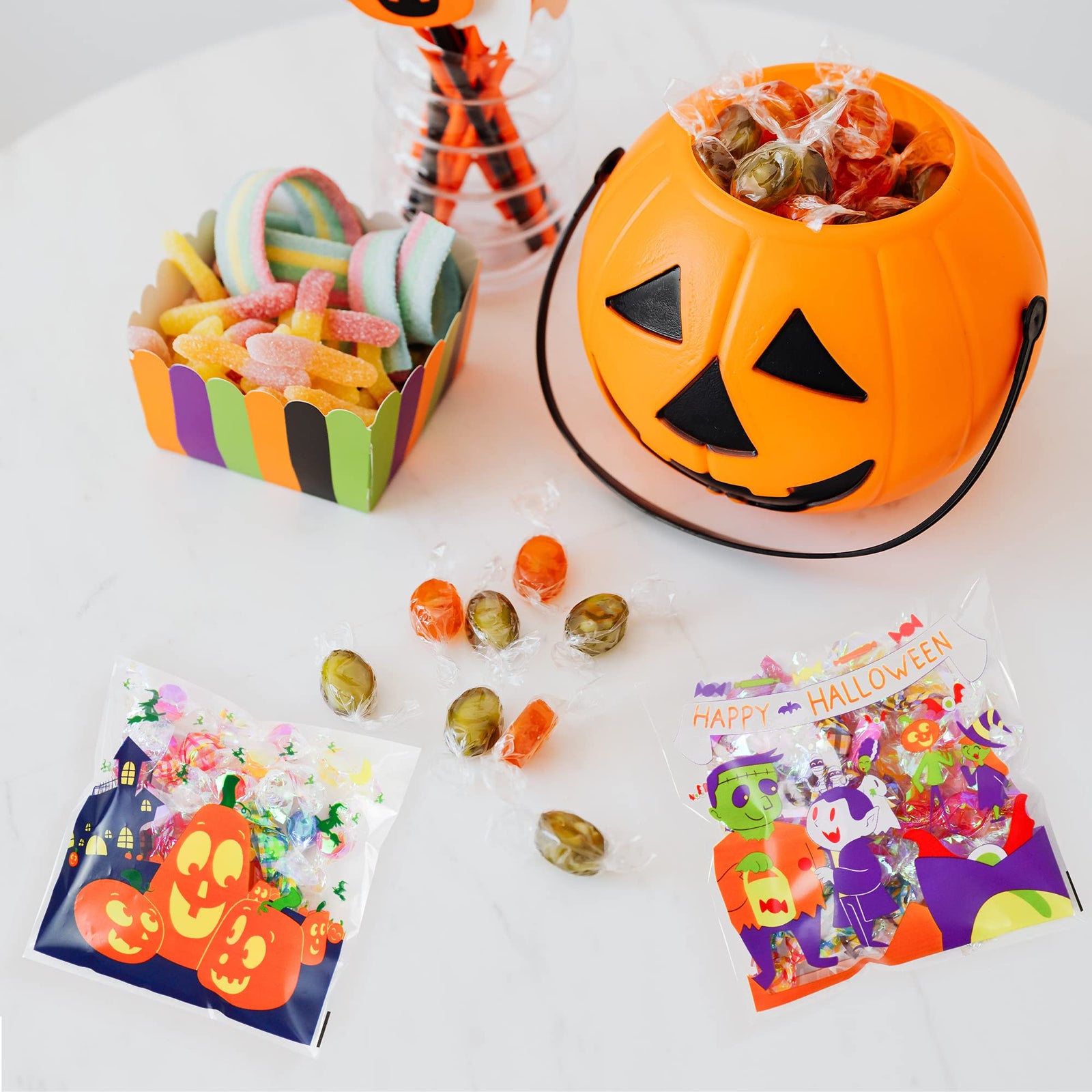 JOYIN 150 PCS Halloween Cellophane Treat Bags, Halloween Clear Self-adhesive Candy Bags, Halloween Plastic Cookie Bags for Trick or Treat, Halloween Goodie Bags for Party Favor Supplies