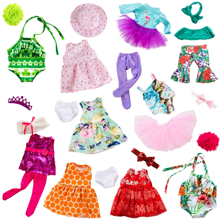 ZITA ELEMENT 24 Pcs American 18 Inch Girl Doll Clothes Dress and Accessories - Including 10 Complete Set of Clothing Outfits with Hair Bands, Hair Clips, Crown and Cap