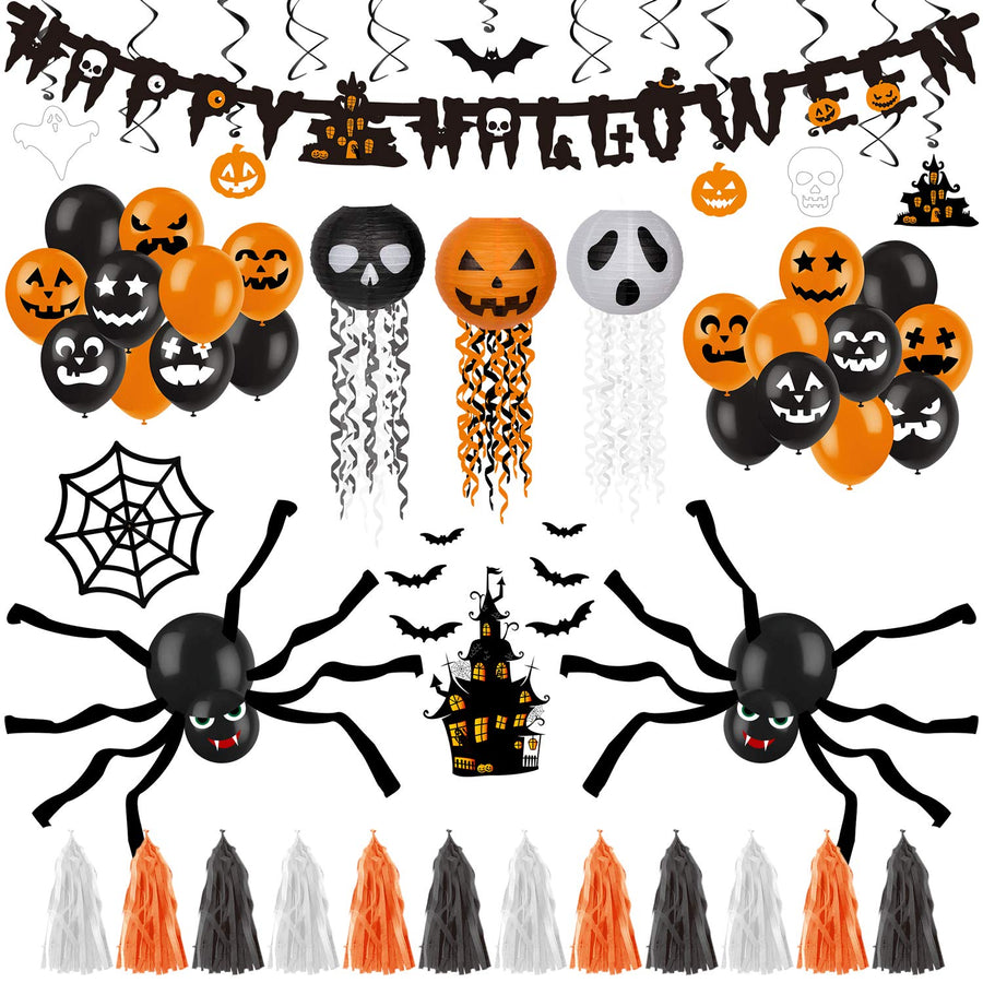 Decorlife Halloween Party Decorations, Halloween Decorations Indoor Including Happy Halloween Banner, Wire Lanterns, Hanging Swirls, Castle and Bats Centerpiece, Spiders and Web, Balloons
