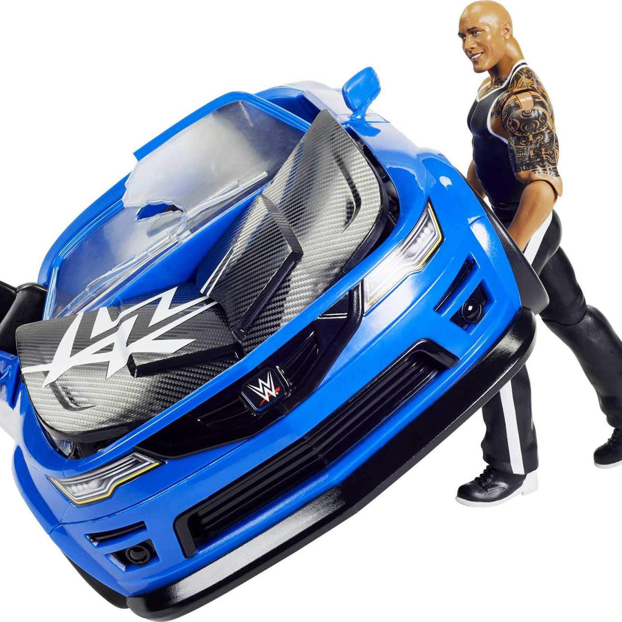 WWE Wrekkin’ Slam-Mobile Vehicle (13-in / 33.02-cm) with Rolling Wheels and 8 Breakable Parts & 6-in / 15.24-cm The Rock Basic Action Figure, Gift for Ages 6 Years Old & Up [Amazon Exclusive]