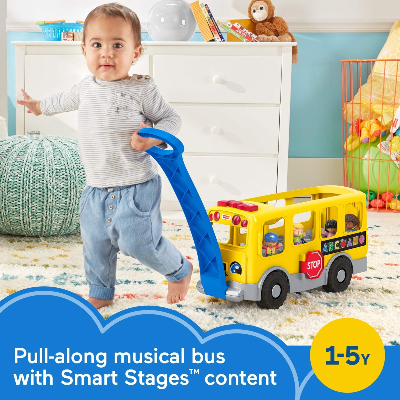 Fisher-Price Little People Big Yellow Bus, musical push and pull toy with Smart Stages for toddlers and preschool kids
