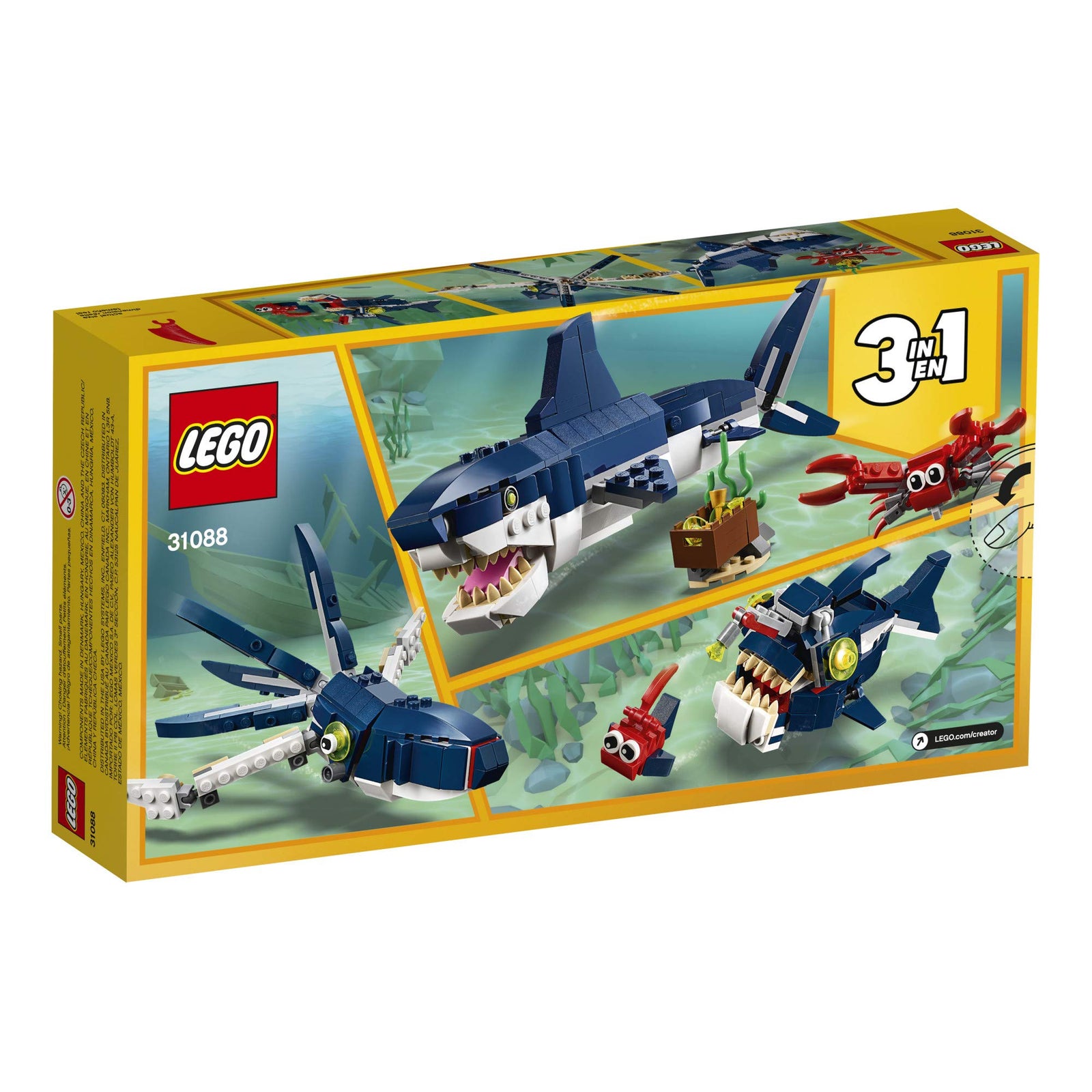 LEGO Creator 3in1 Deep Sea Creatures 31088 Make a Shark, Squid, Angler Fish, and Crab with This Sea Animal Toy Building Kit (230 Pieces)