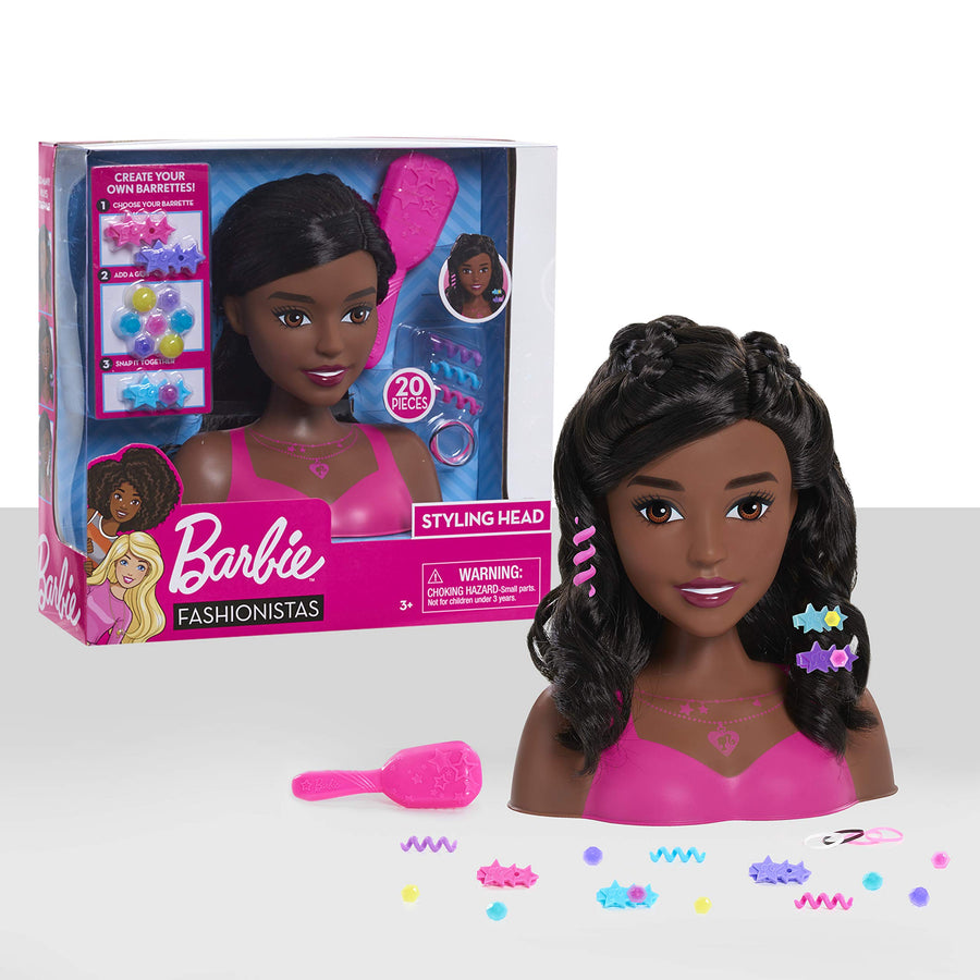 Barbie Fashionistas 8-Inch Styling Head, Dark Brown, 20 Pieces Include Styling Accessories, Hair Styling for Kids, by Just Play