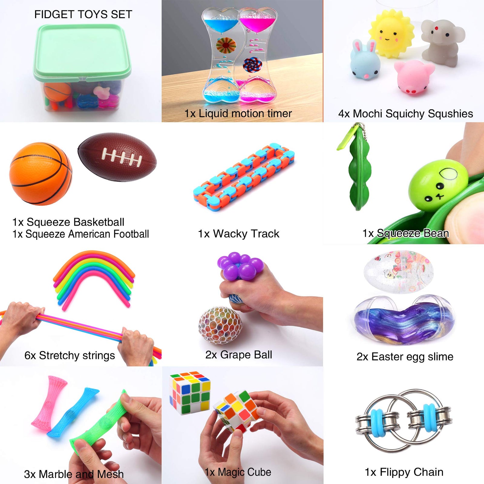 24 Pack Bundle Sensory Fidget Toys Set-Liquid Motion Timer/Grape Ball/Mochi Squishy/Stretchy String/Flippy Chain/Easter Egg/Marble Mesh/Squeeze Bean/Cube for Autistic Kids, ADHD, Anti-Stress Toys