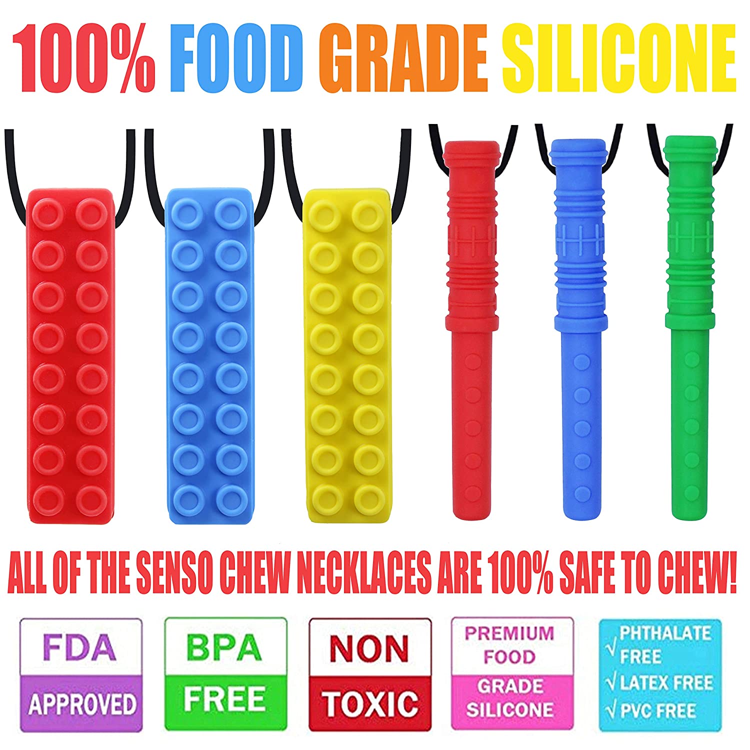 Chew Necklace by GNAWRISHING - 6-Pack - Perfect for Autistic, ADHD, SPD, Oral Motor Children, Kids, Boys, and Girls (Tough, Long-Lasting)