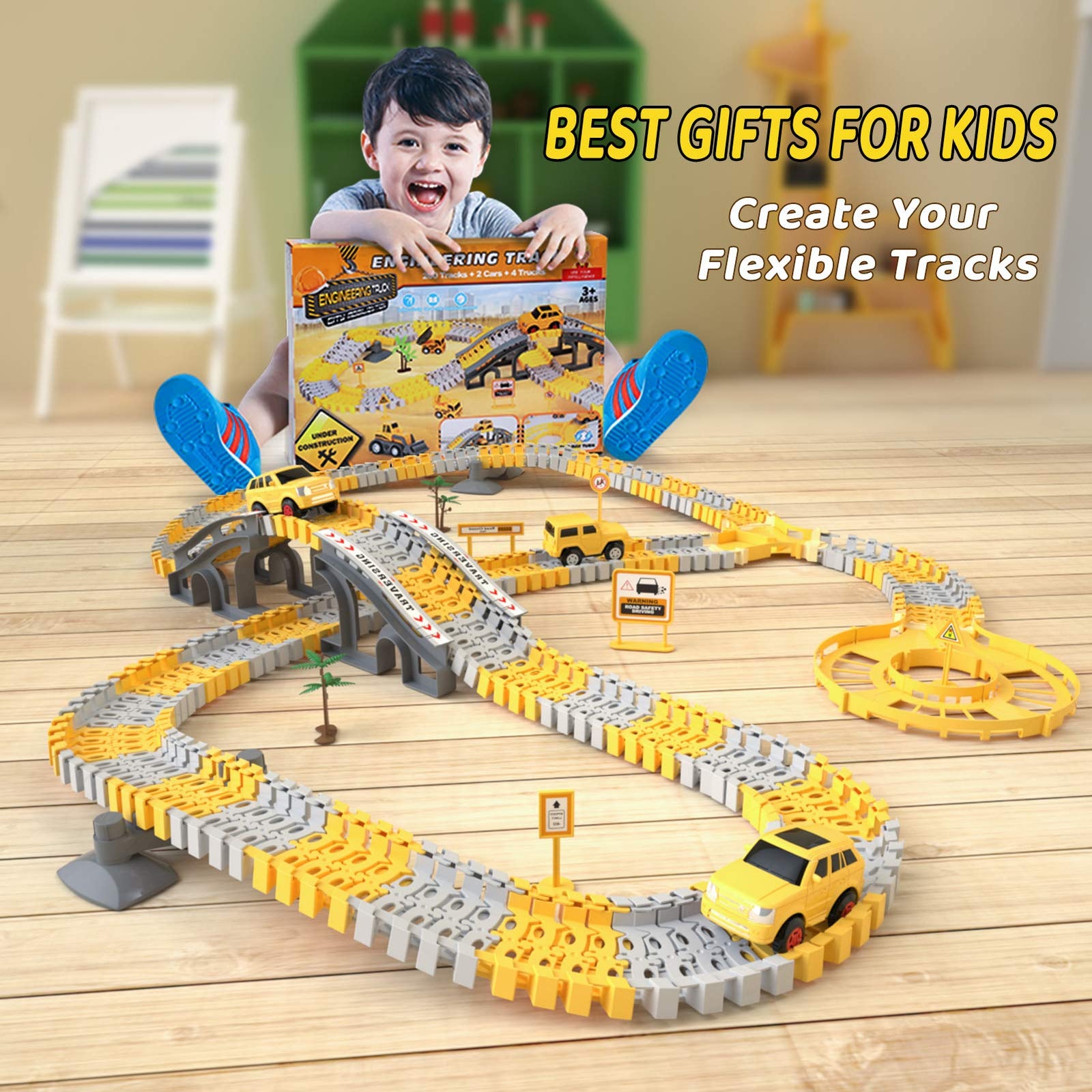 iHaHa 236PCS Construction Race Tracks for Kids Boys Toys, 6PCS Construction Car and Flexible Track Playset Create A Engineering Road Toys for 3 4 5 6 Year Old Boys Girls Best Gift