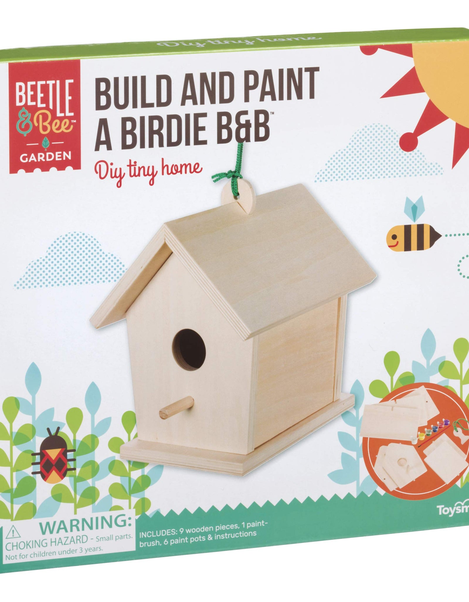 Toysmith Beetle & Bee Build A Bird Bungalow - DIY Kid Art Craft Outdoor Birdhouse Kit, 6" x 4" x 6", Hardware & glue included- 4 Paints, 1 Brush, 7 Wooden Pcs, Chain for Tree Hanging, Age 5+