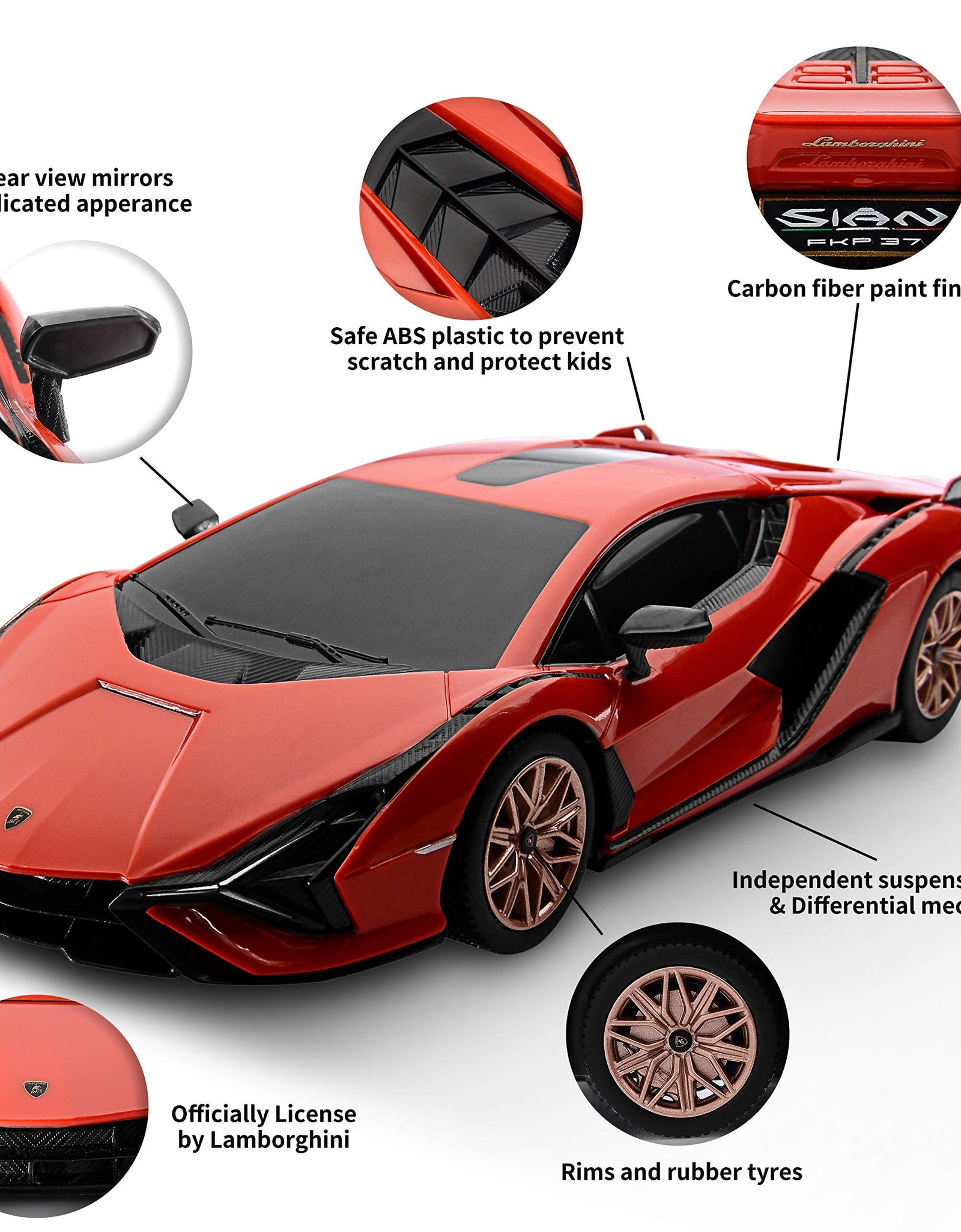 BEZGAR Licensed RC Series, 1:24 Scale Remote Control Car Lambor Sián FKP 37 Electric Sport Racing Hobby Toy Car Model Vehicle for Boys and Girls Teens and Adults Gift (Red)