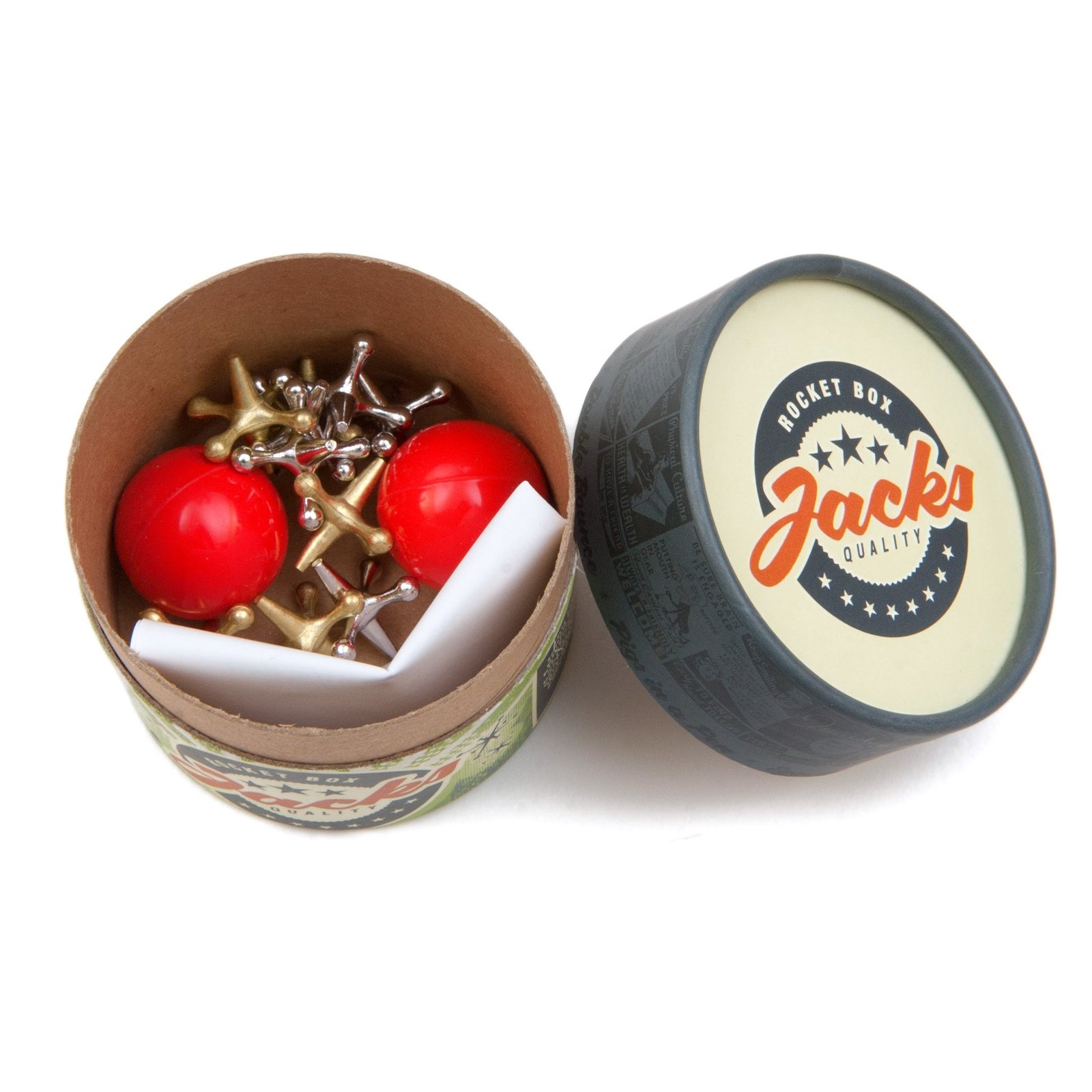 Rocket Box Jacks Game: Retro, New Vintage, Classic Game of Jacks, Gold and Silver Toned Jacks, Two Red Bouncy Balls and Set of Instructions, Fun for Kids and Adults of All Ages.