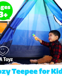 USA Toyz Happy Hut Teepee Tent for Kids - Indoor Pop Up Teepee Kids Playhouse Tent for Boys and Girls with Included Flashlight Projector Toy and Portable Play Tent Storage Bag (Blue)
