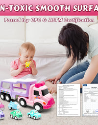 LASCOTON Toys for 1 2 Year Old Girl, 7-in-1 Carrier Truck, Toddler Girl Toys, Friction Power Toy Cars with Light & Sound, 1 2 3 Year Old Girl Gifts Birthday for Kids Girls Pink Toy
