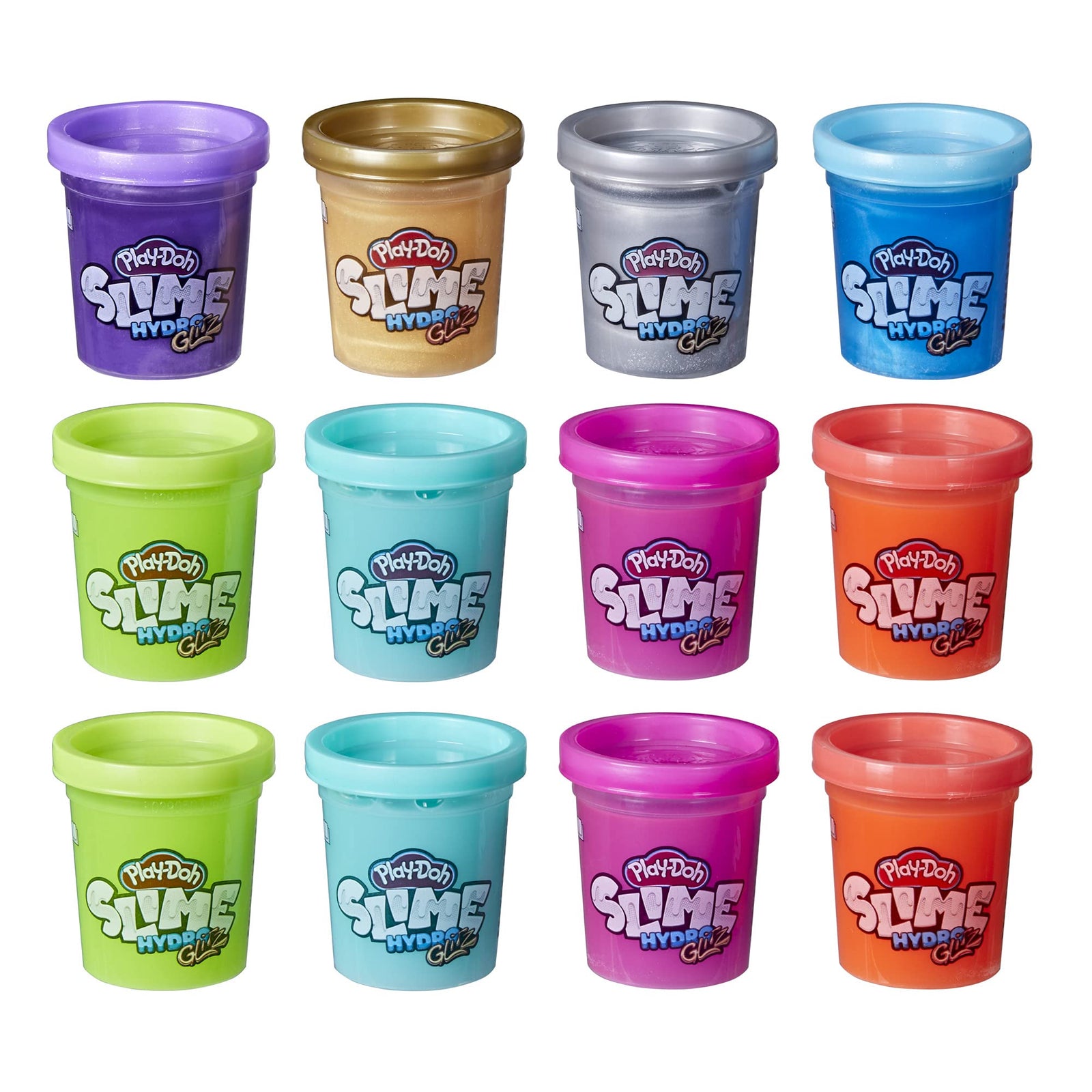 Play-Doh Slime HydroGlitz 12 Multipack of Assorted Metallic Colors for Kids 3 Years and Up, Slippery and Smooth Texture, Non-Toxic (Amazon Exclusive)