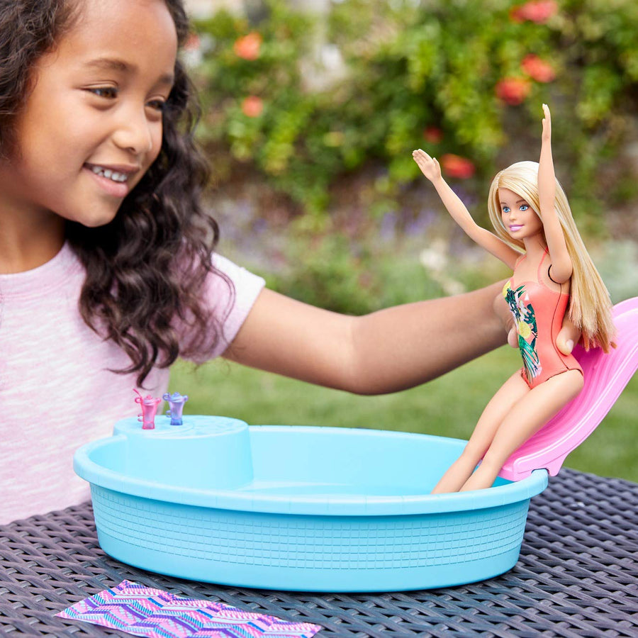 Barbie Doll, 11.5-Inch Blonde, and Pool Playset with Slide and Accessories, Gift for 3 to 7 Year Olds