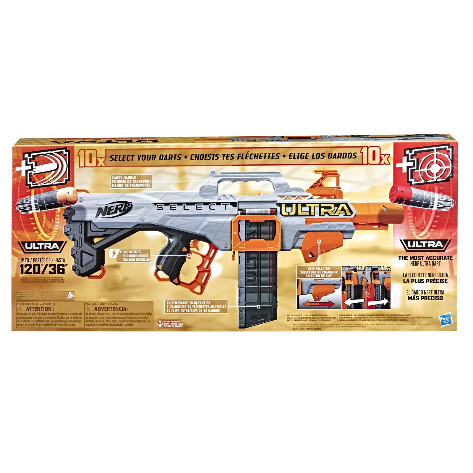 NERF Ultra Select Fully Motorized Blaster, Fire for Distance or Accuracy, Includes Clips and Darts, Compatible Only Ultra Darts