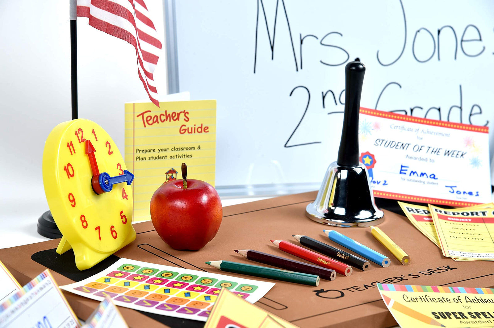 Ben Franklin Toys Play Teacher Role-Play Set Includes Reusable White Board, Bell, Report Cards, for Home or Classroom
