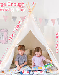 Tiny Land Kids Teepee Tent with Mat & Light String & Carry Case-Kids Foldable Play Tent-Toys for Girls Indoor Outdoor Games, Raw White Canvas Teepee-Kids Playhouse-Portable Kids Tent
