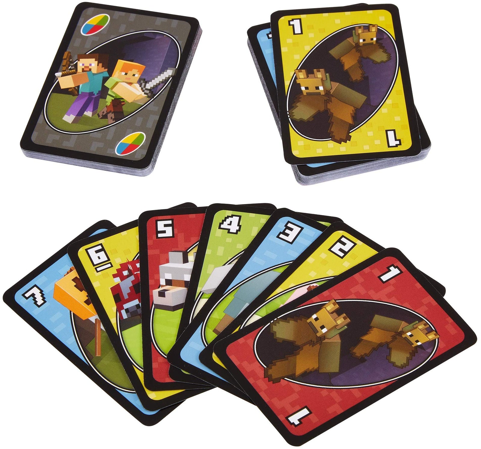 Mattel Games UNO Minecraft Card Game, Now UNO fun includes the world of Minecraft, Multicolor, Basic Pack