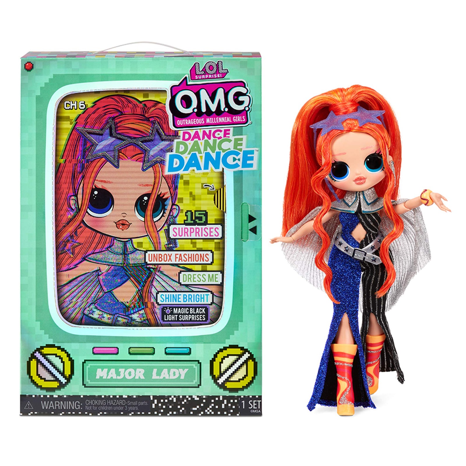 LOL Surprise OMG Dance Dance Dance Major Lady Fashion Doll with 15 Surprises Including Magic Black Light, Shoes, Hair Brush, Doll Stand and TV Package - A Great Gift for Girls Ages 4+