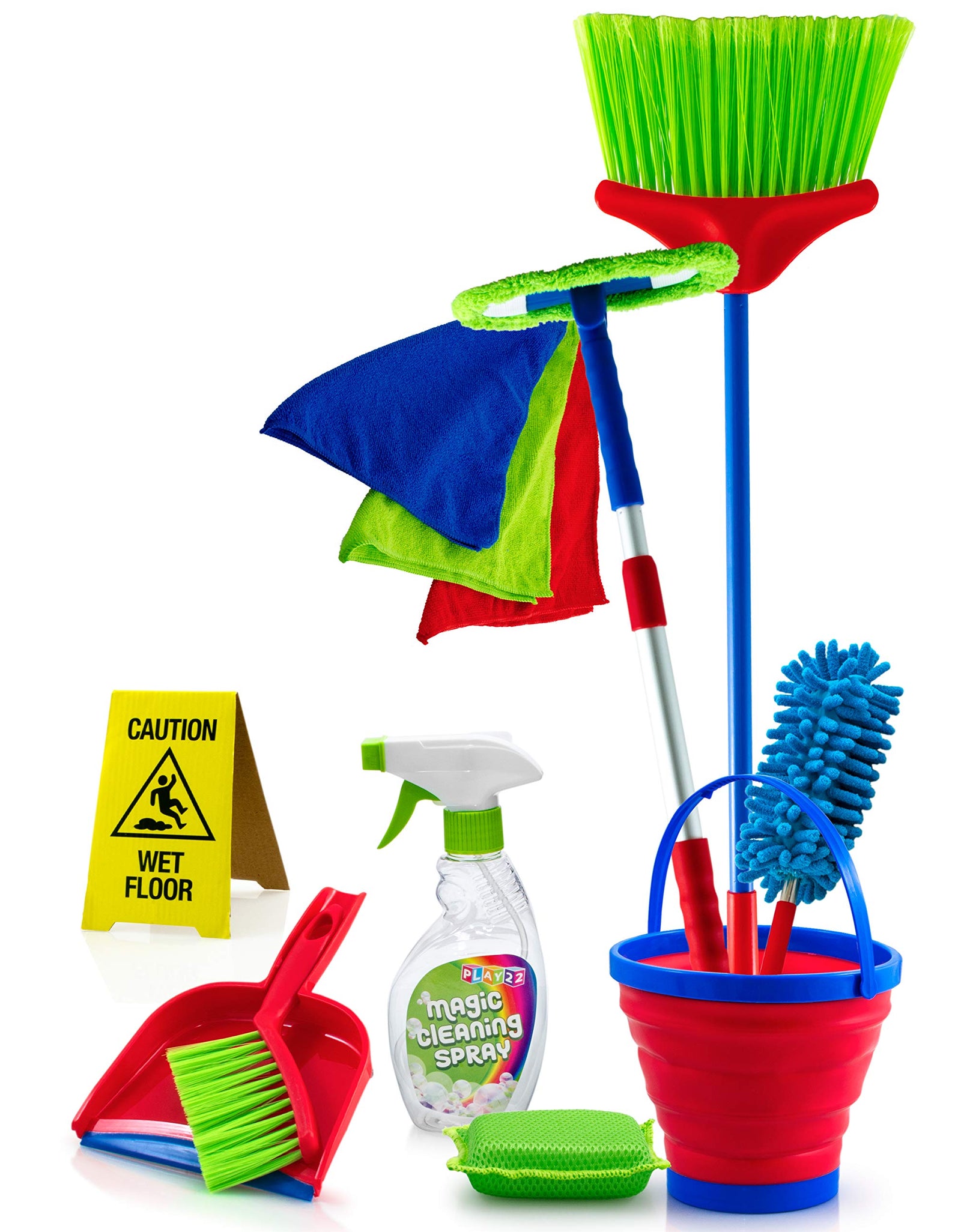 Play22 Kids Cleaning Set 12 Piece - Toy Cleaning Set Includes Broom, Mop, Brush, Dust Pan, Duster, Sponge, Clothes, Spray, Bucket, Caution Sign, - Toy Kitchen Toddler Cleaning Set - Original