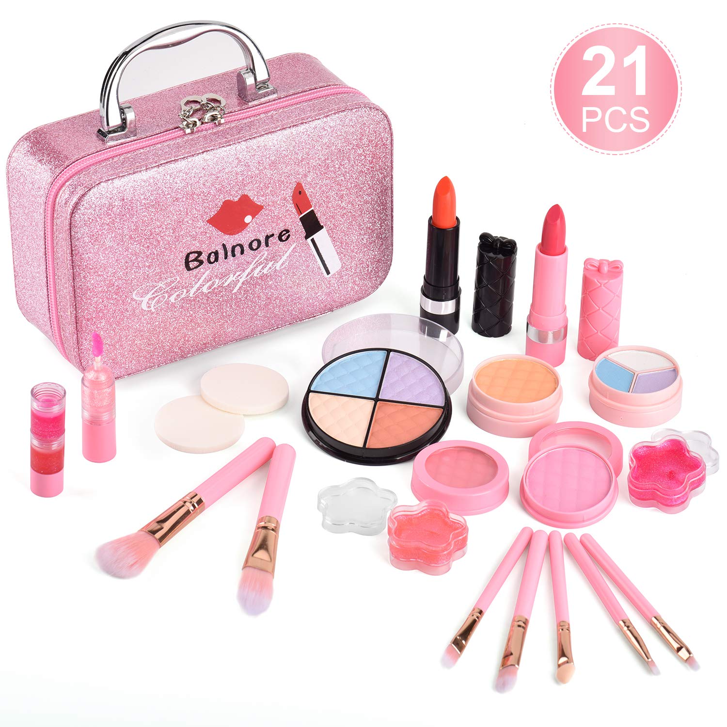 Balnore 21 Pcs Kids Makeup Kit for Girl, Washable Makeup Toy Set, Safe & Non-Toxic,Real Cosmetic Beauty Set for Kids Play Game Halloween Christmas Birthday Party