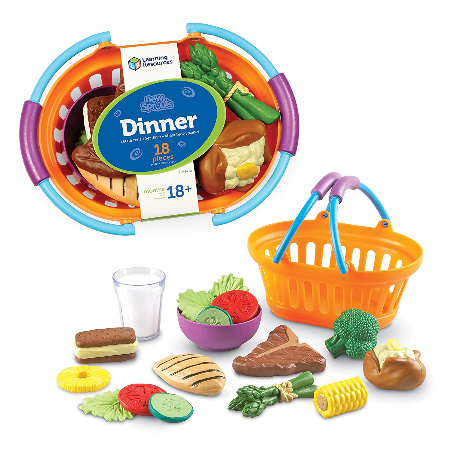 Learning Resources New Sprouts Dinner Foods Basket, Pretend Play Food For Toddlers, Dinner Food Toys for Kids, 18 Pieces, Ages 18 mos+