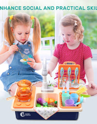 CUTE STONE Pretend Play Kitchen Sink Toys with Play Cooking Stove, Pot and Pan with Spray Realistic Light and Sound, Dish Rack & Play Cutting Food, Utensils Tableware Accessories for Toddlers Kids
