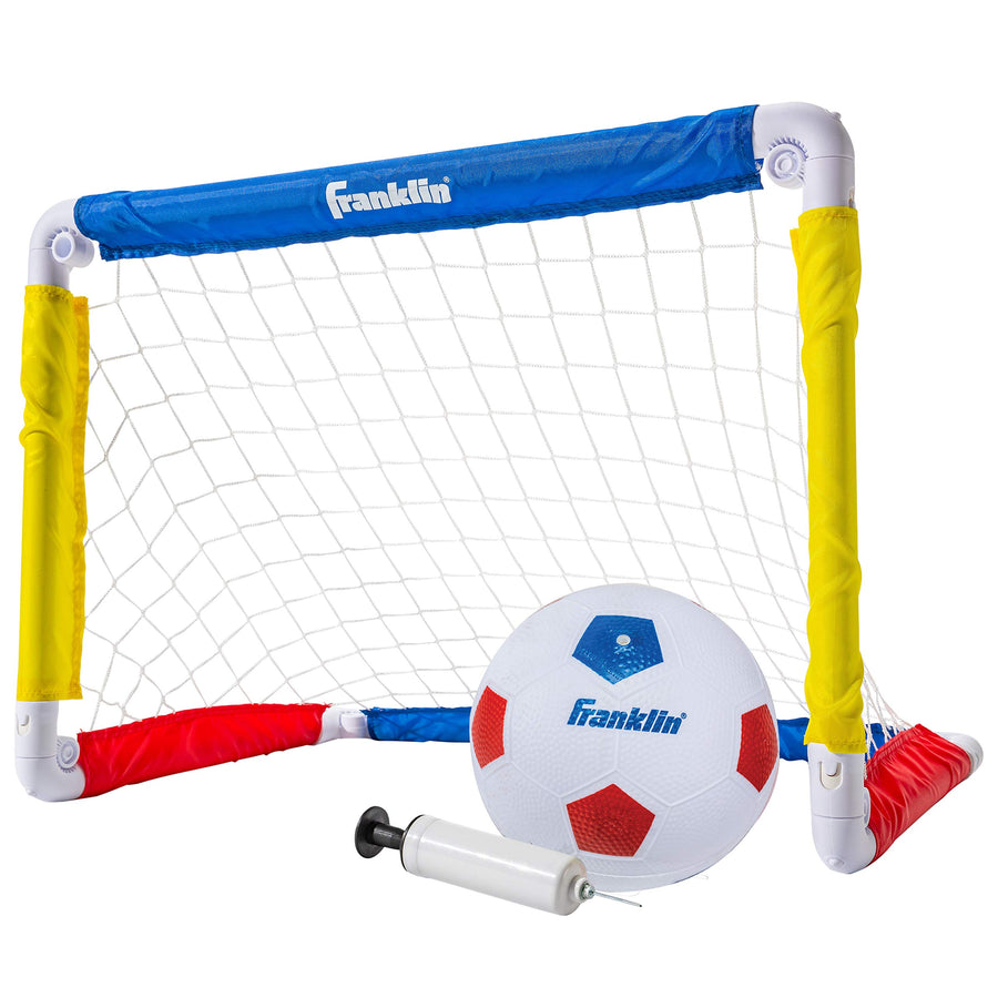 Franklin Sports Kids Mini Soccer Goal Set - Backyard/Indoor Mini Net and Ball Set with Pump - Portable Folding Youth Soccer Goal Set - 24" x 16" , Red/Blue/Yellow