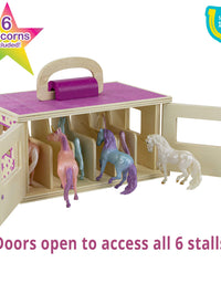 Breyer Horses Unicorn Magic Wooden Stable Playset with 6 Unicorns | 6 Piece Playset | 6 Stablemates Unicorns Included | 6” H x 9” L x 2.5” D | 1:32 Scale | Model #59218, Multicolor
