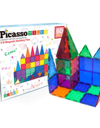 PicassoTiles 60 Piece Set 60pcs Magnet Building Tiles Clear Magnetic 3D Building Blocks Construction Playboards - Creativity beyond Imagination, Inspirational, Recreational, Educational, Conventional
