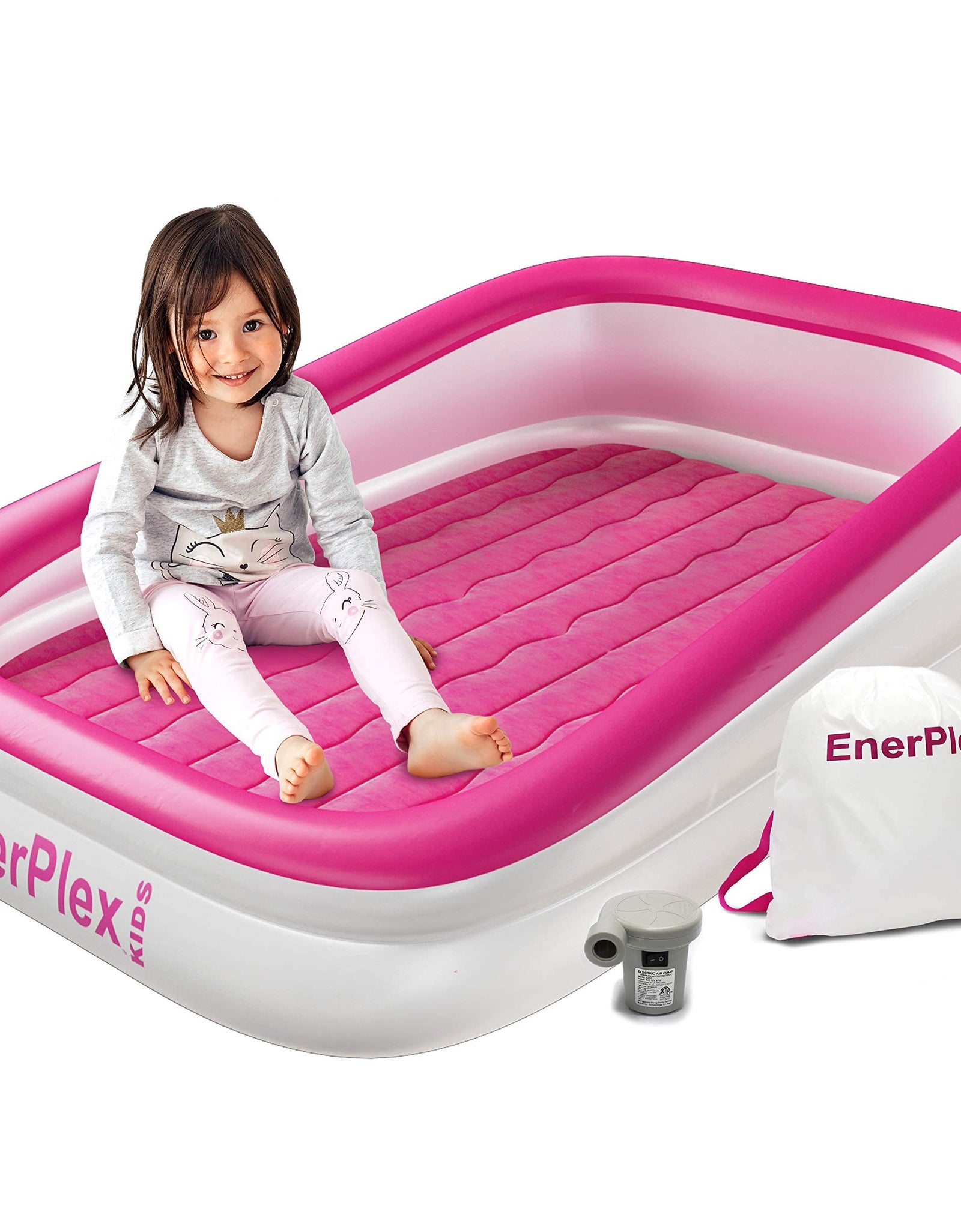 EnerPlex Inflatable Toddler Travel Bed – Portable Kids Air Mattress for Travel, Camping or Hotels w/ Built in Safety Bumpers & High Speed Pump, Puncture Resistant, Compact Size - Blue