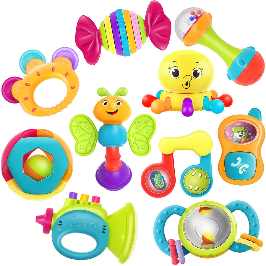 iPlay, iLearn 10pcs Baby Rattle Toys, Infant Shaker, Teether, Grab and Spin Rattles, Musical Toy Set, Early Educational, Newborn Baby Gifts for 0, 3, 6, 9, 12 Months, Girls, Boys