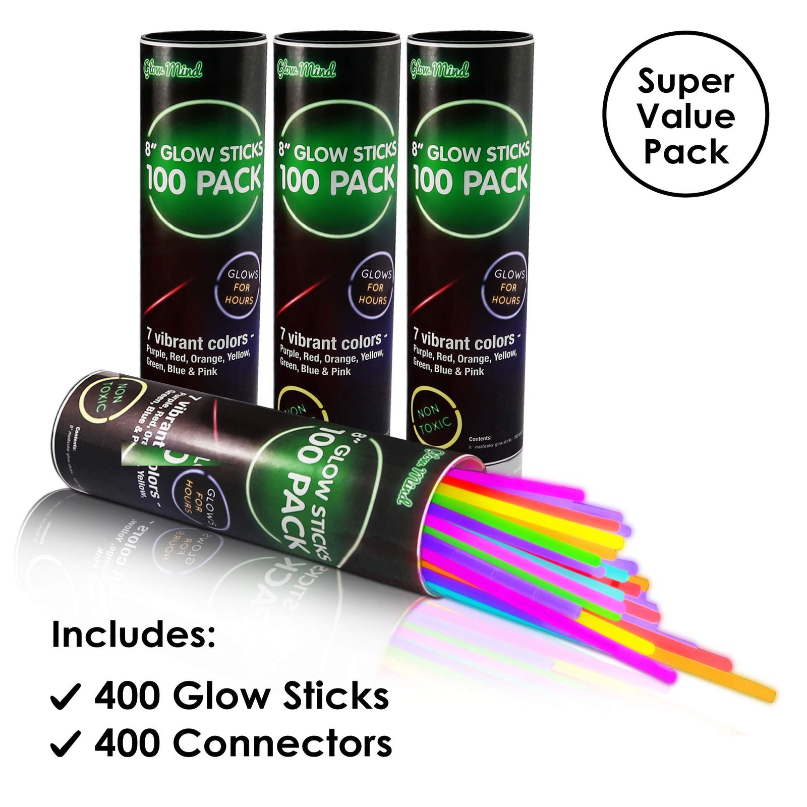 400 Glow Sticks Bulk Party Supplies - Glow in The Dark Fun Party Favors Pack with 8" Glowsticks and Connectors for Bracelets and Necklaces for Kids and Adults