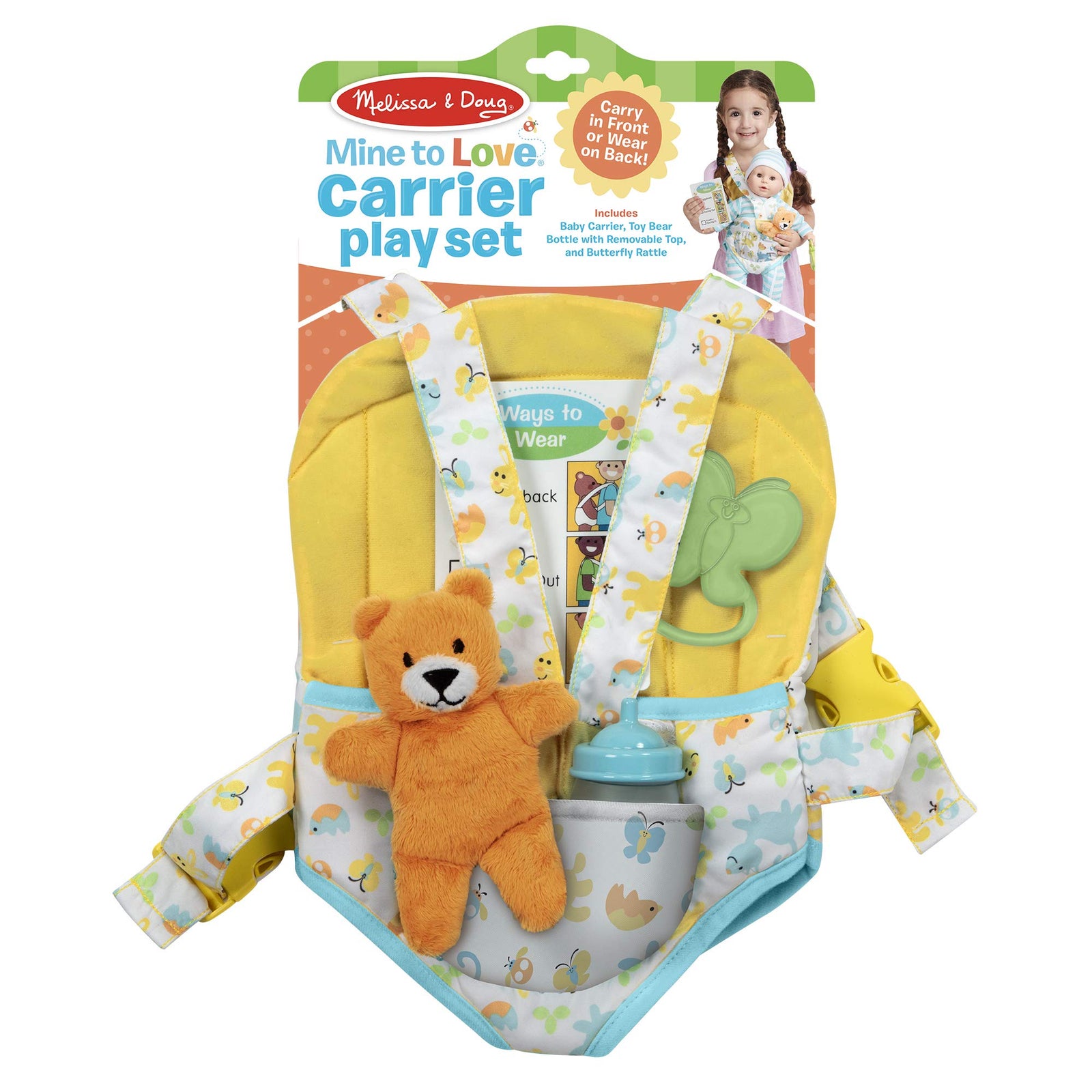 Melissa & Doug Mine to Love Carrier Play Set for Baby Dolls with Toy Bear, Bottle, Rattle, Activity Card