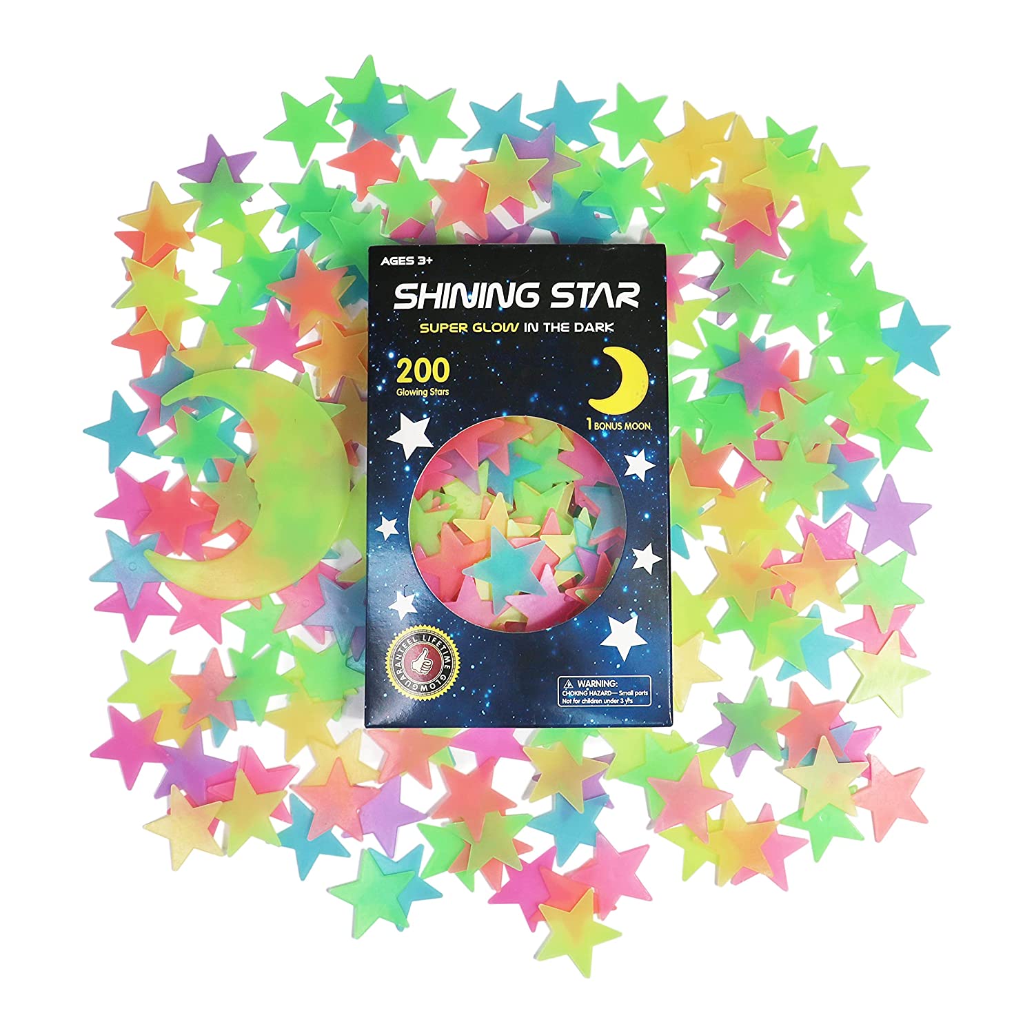 Glow in The Dark Stars Stickers for Ceiling, Adhesive 200pcs 3D Glowing Stars and Moon for Kids Bedroom,Luminous Stars Stickers Create a Realistic Starry Sky,Room Decor,Wall Stickers